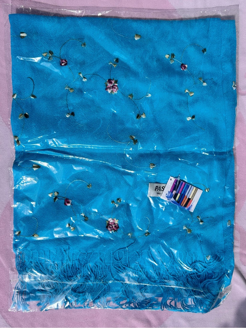 Turquoise Blue Embroidered Pashmina Style Scarf with Floral Accents NEW